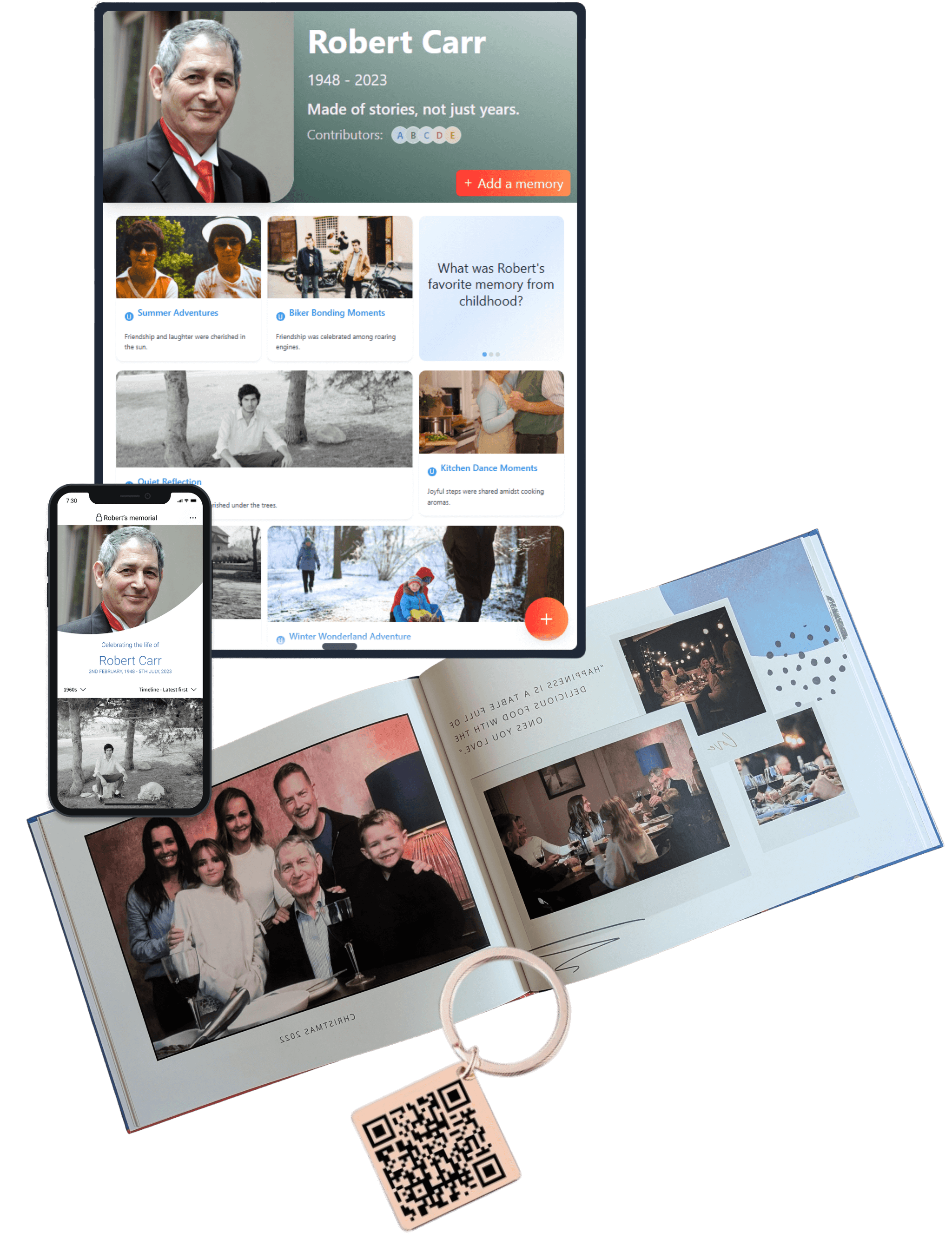 Memories platform interface showing memorial pages and mobile app