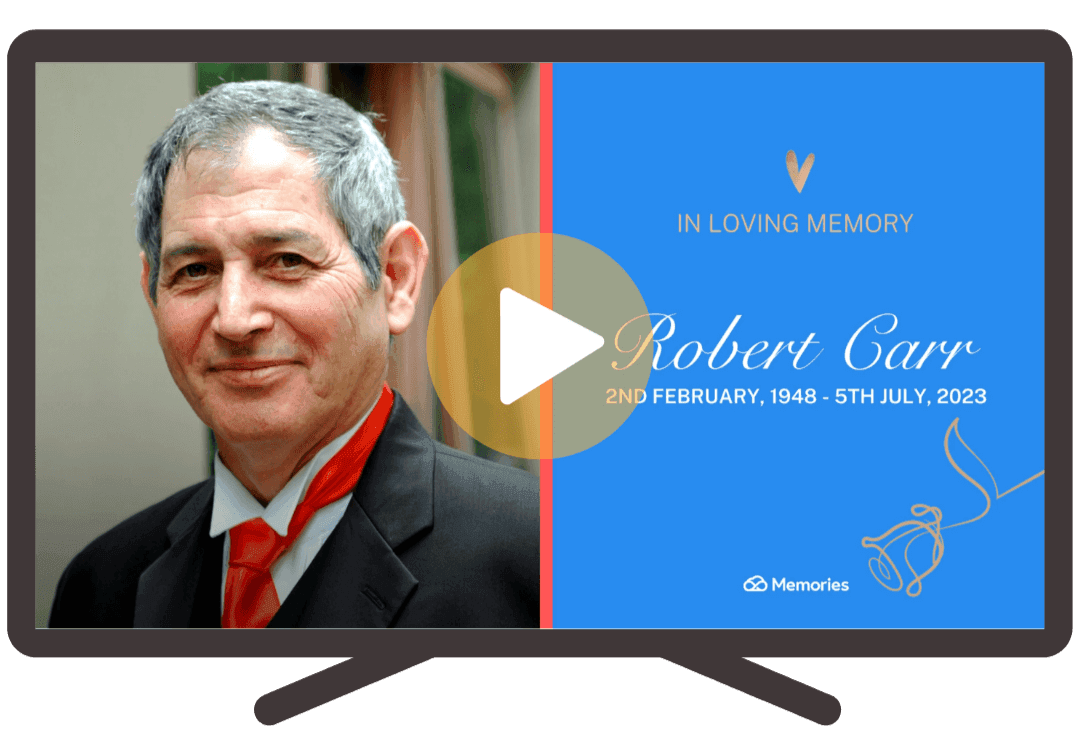 Video tribute builder showing a memorial video on a TV screen